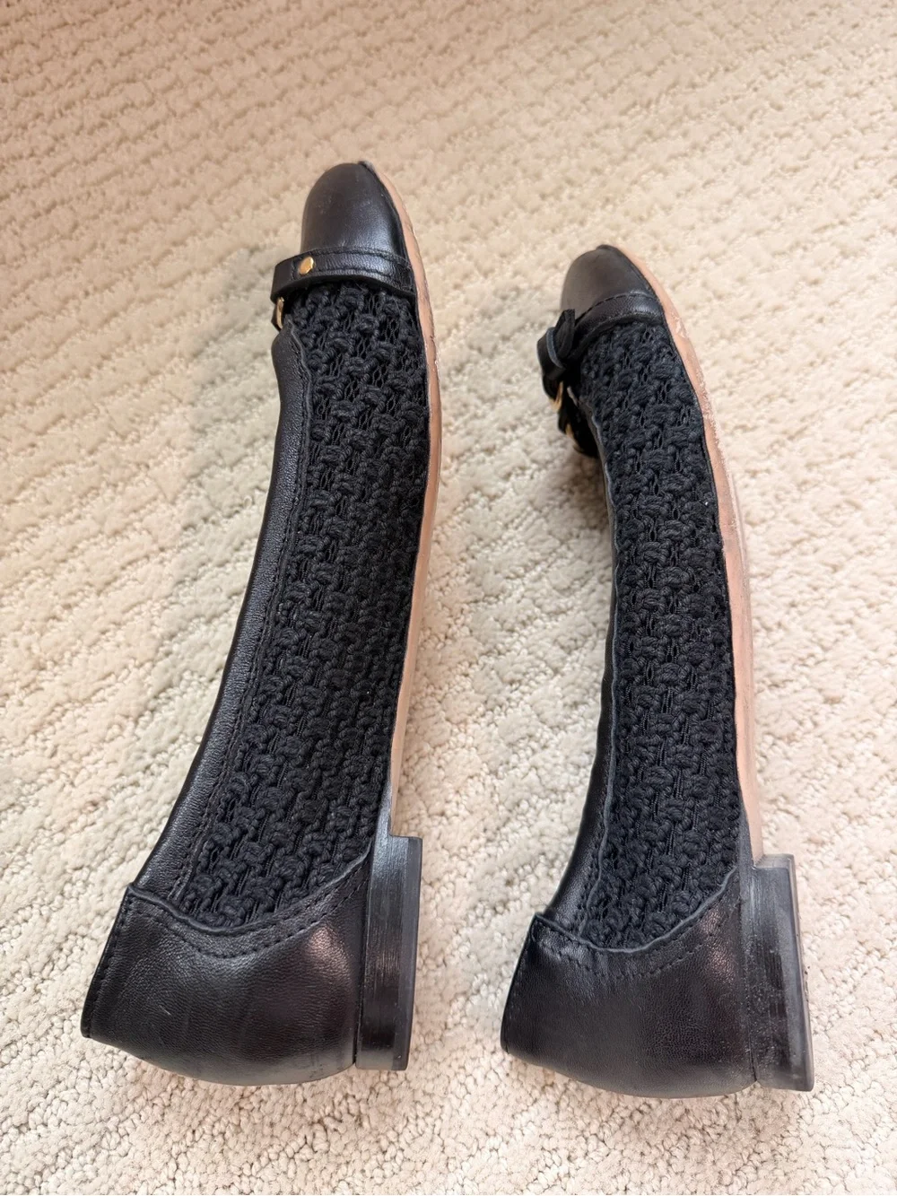 AGL Black Crochet & Leather Ballet Flats with Gold-Tone Buckle Sz. 38.5